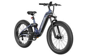 A black and blue Mokwheel Obsidian electric bike with hydraulic front forks and a step-through frame.