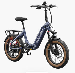 A blue Mokwheel Slate folding electric bike with fat tires, hydraulic front forks, and a rear rack.